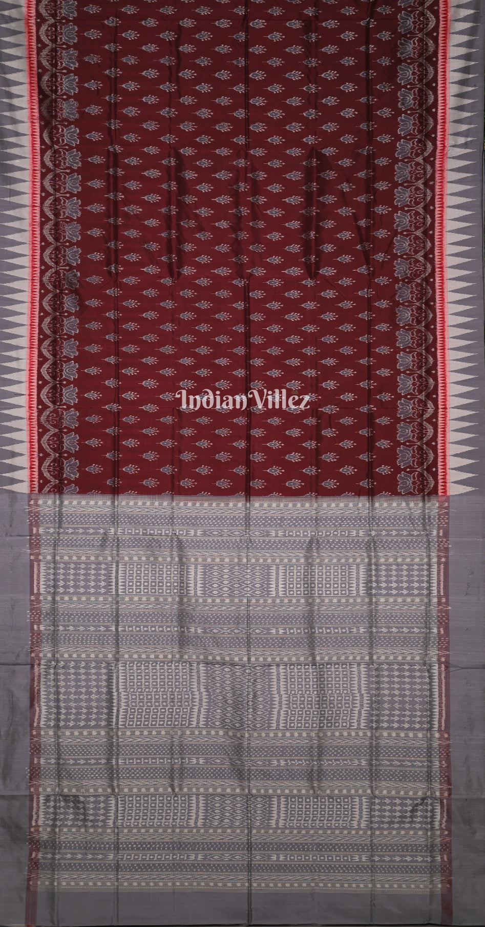 Maroon Grey Ek Chandia Odisha Ikat Sambalpuri Silk Saree 