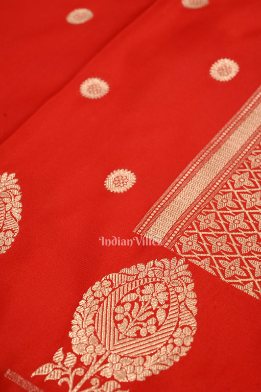 Deep Red Floral Motif Mashru Satin Silk Banarasi Saree