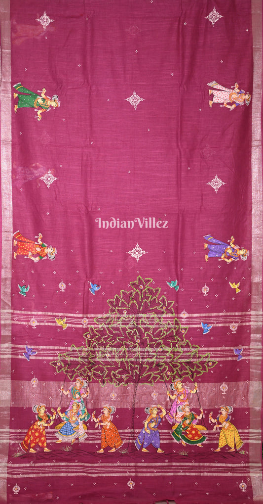 Magenta Pink Raja Doli Hand-Painted Pattachitra Saree (Linen)