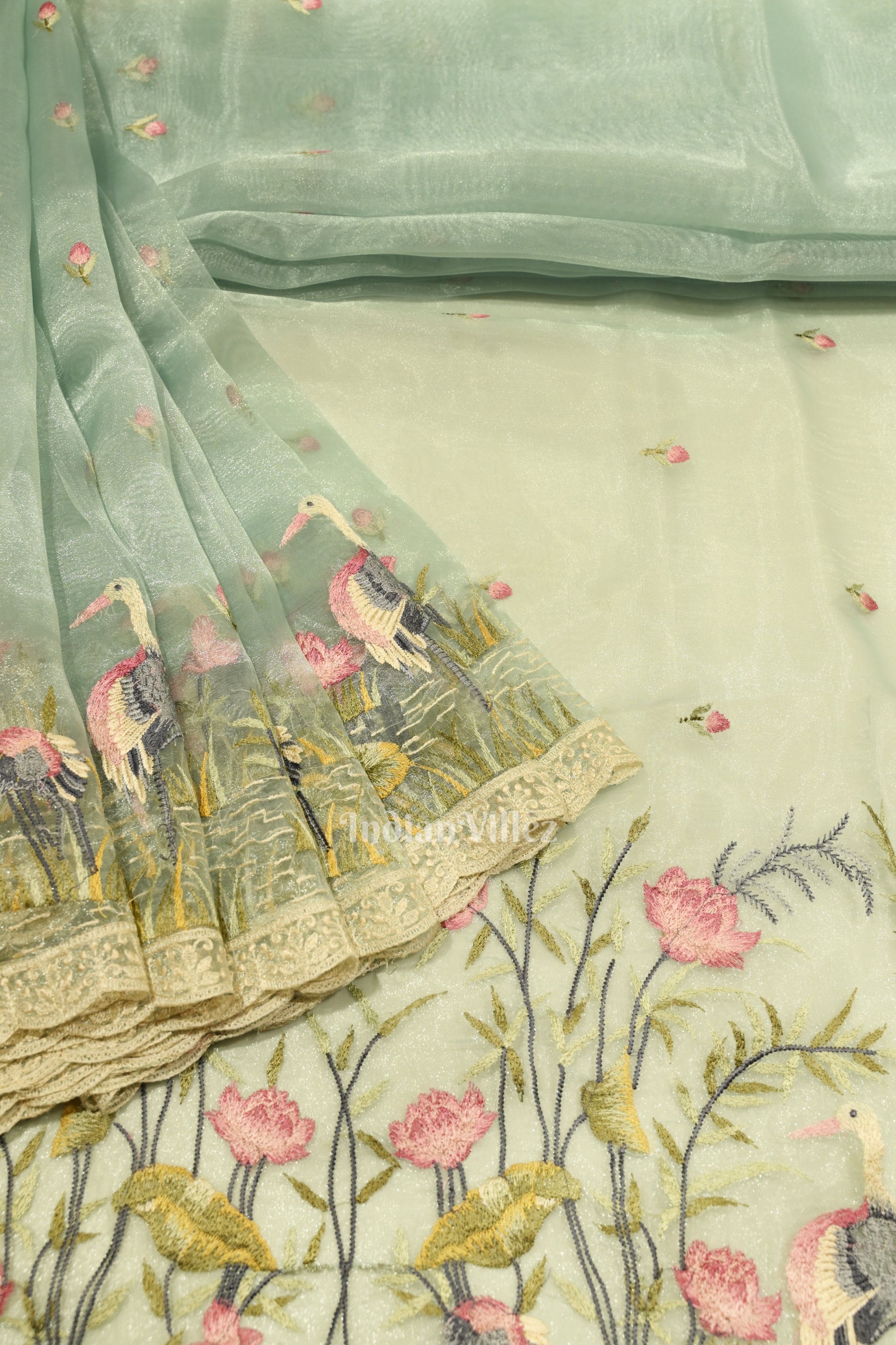 Light Blue Floral Theme Kora Organza Banarasi Saree