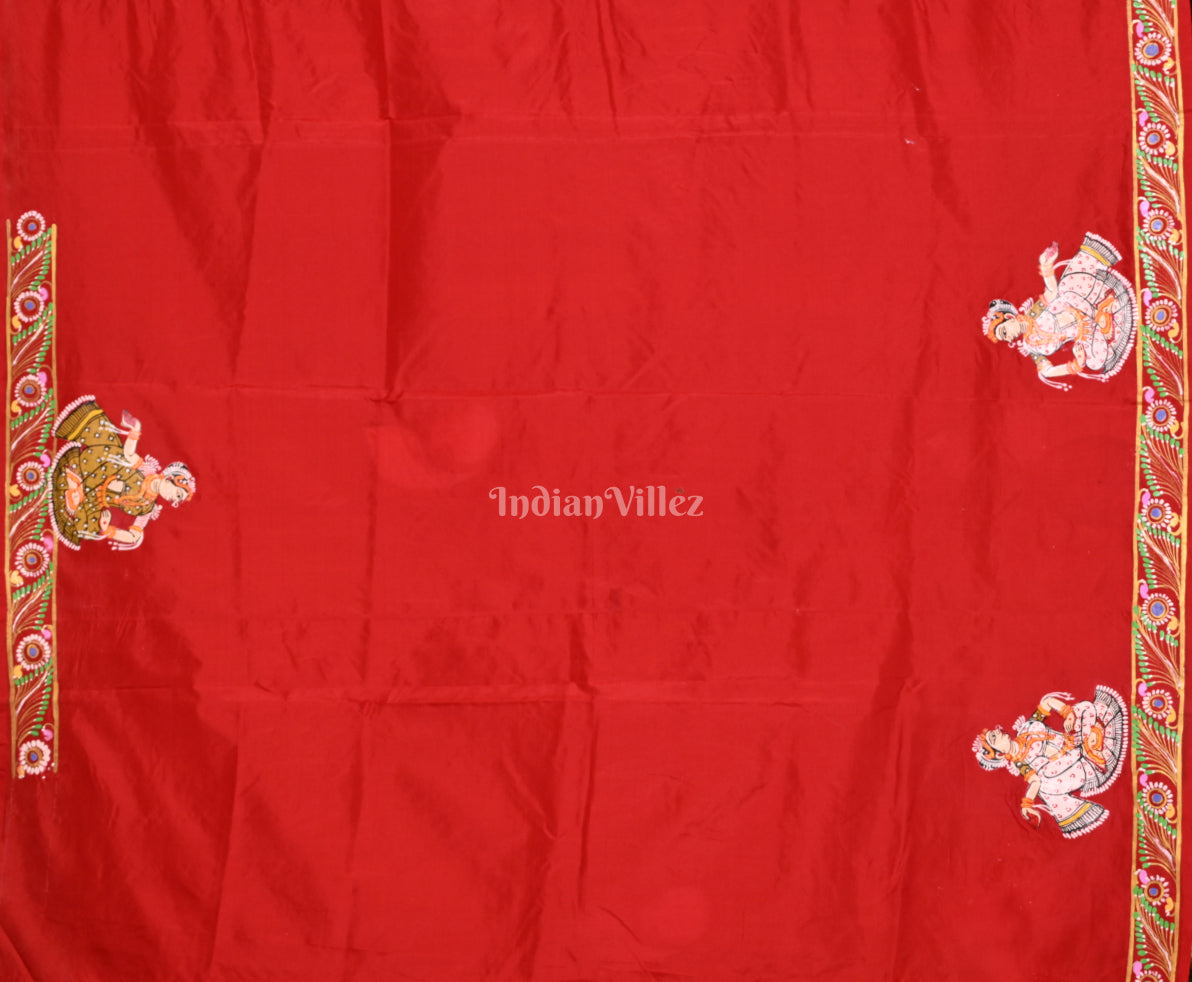 Golden Yellow  Red Krishna Raas Leela Hand- Painted Pattachitra Saree