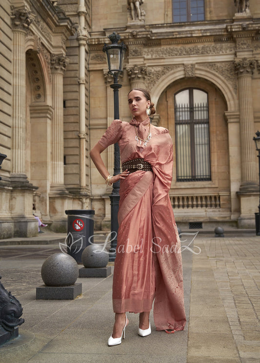Coral Peach Handwoven Satin Silk Banarasi Saree With Brocade Blouse