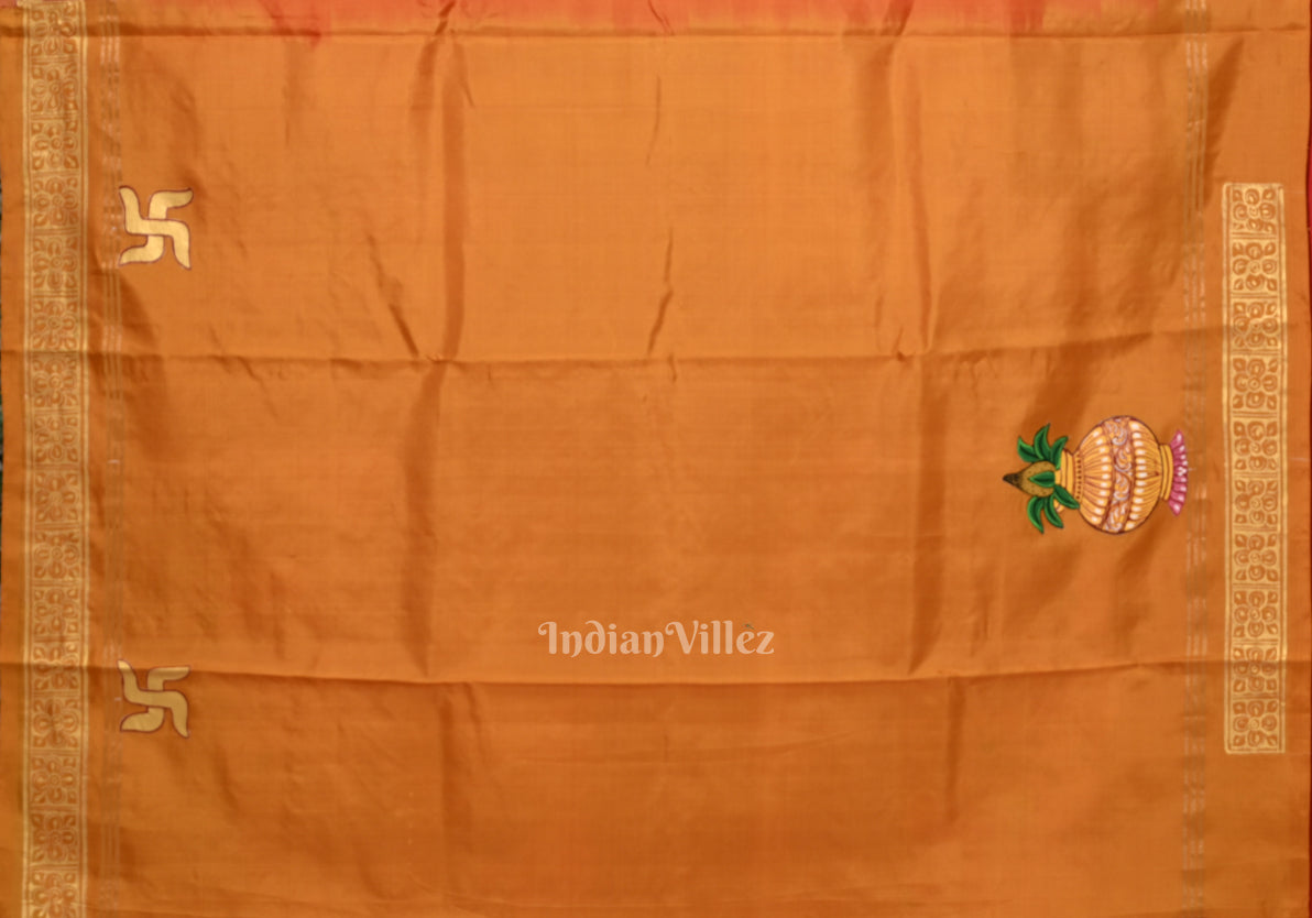 Red Green  Kanchi Abhijan Pure Hand-Painted Pattachitra Saree