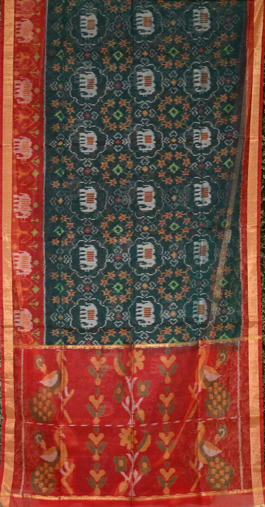 Bottle Green Red Pochampally Ikat (Sico) Saree