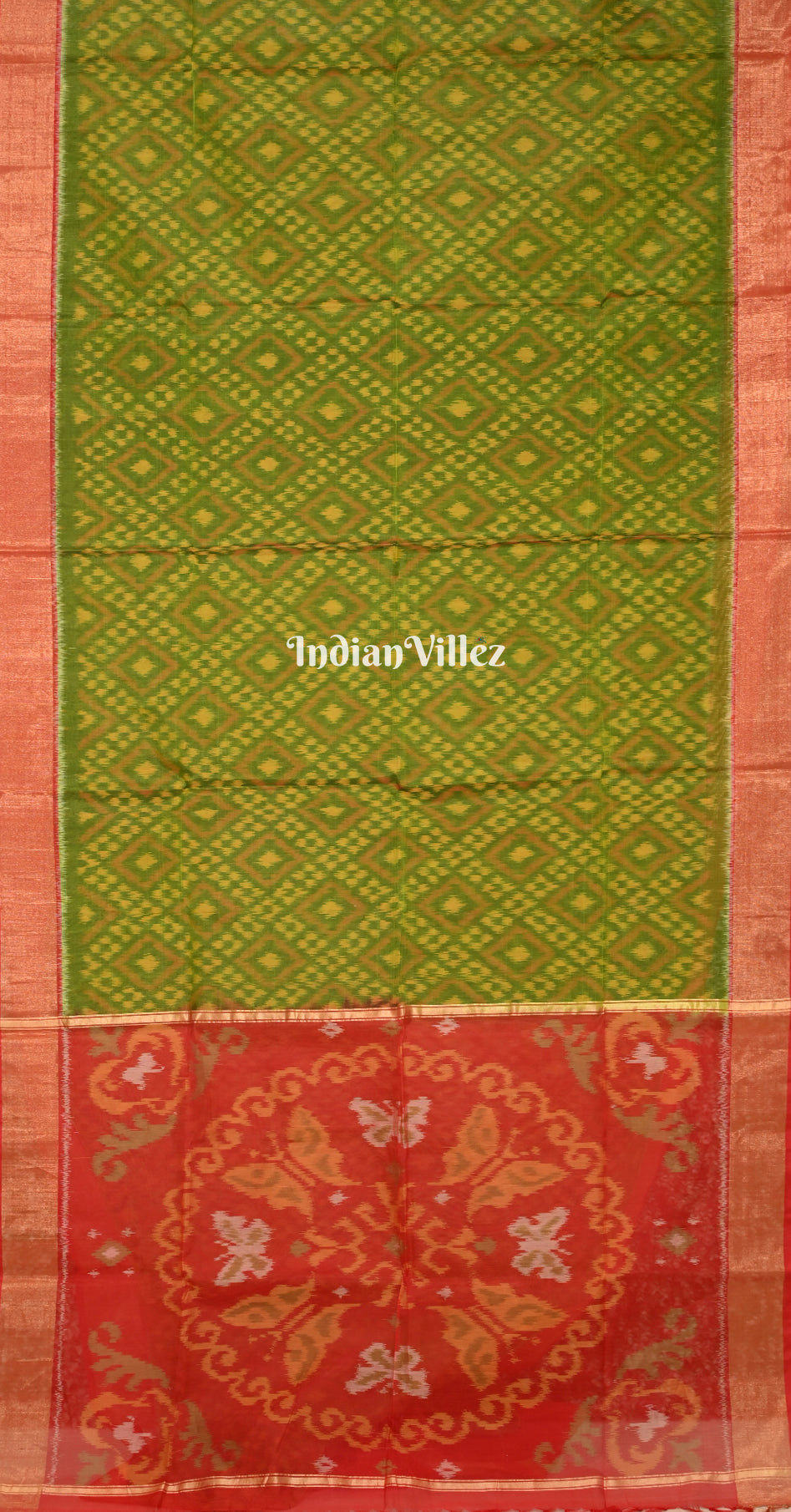 Mehendi Green Red Pochampally Ikat Silk Cotton (Sico) Saree