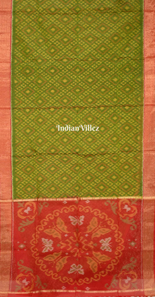 Mehendi Green Red Pochampally Ikat Silk Cotton (Sico) Saree