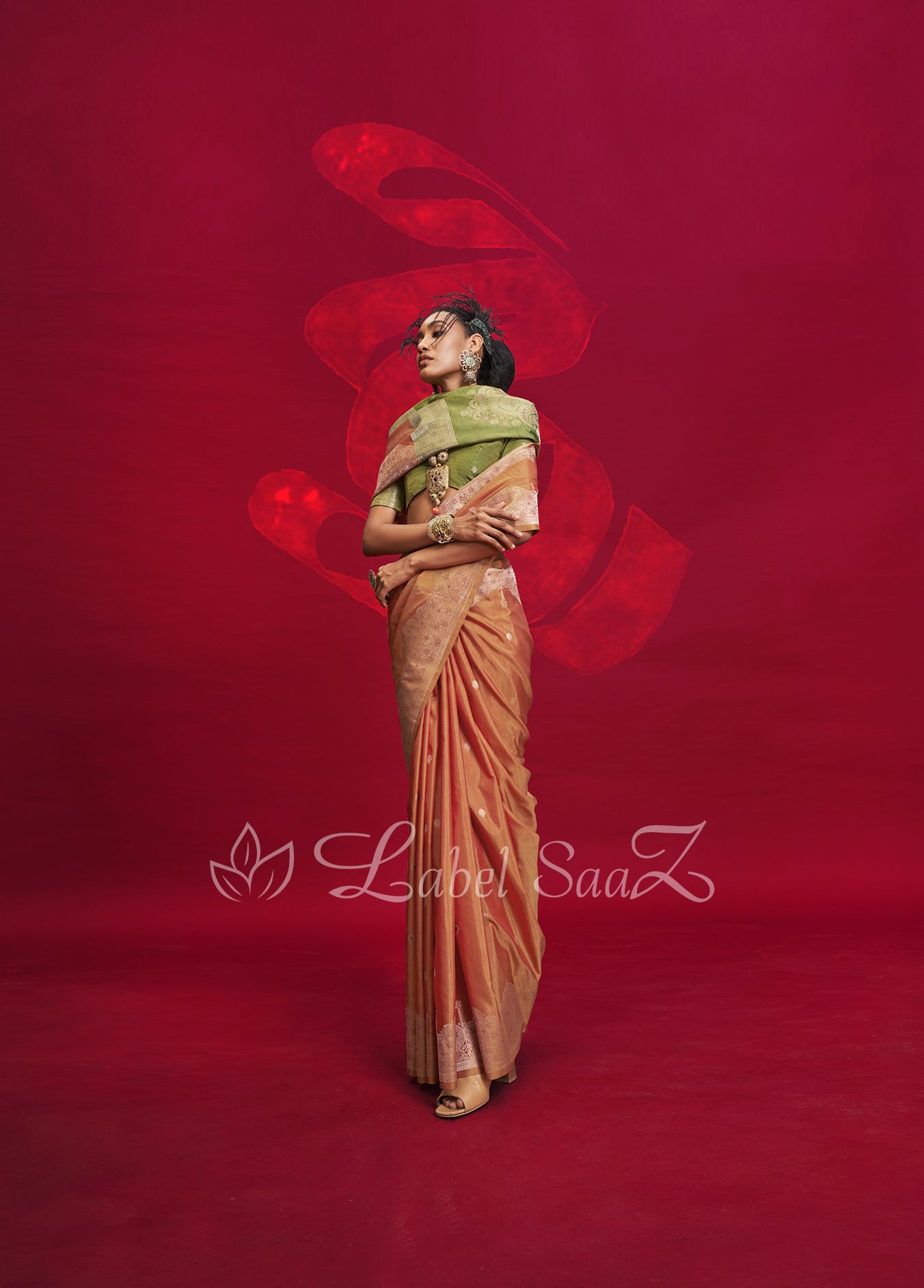 Orange Tussar Silk Handloom Weaving Silk Saree