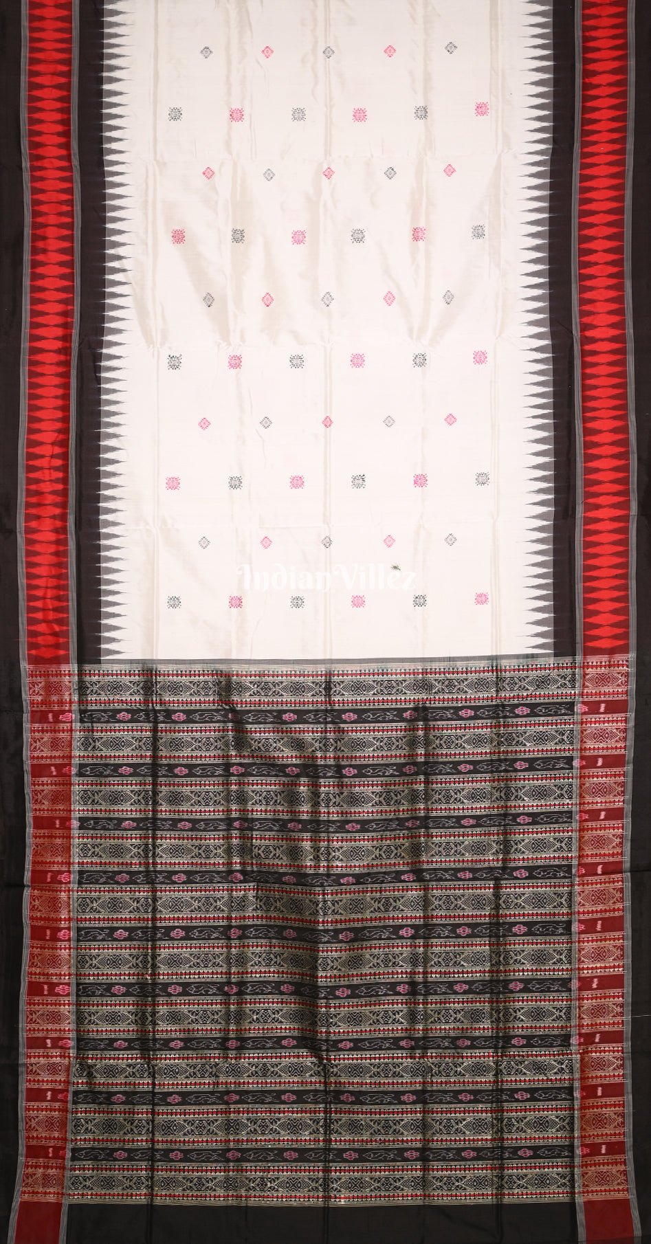 White Black Buti Design Odisha Ikat Bomkai Sambalpuri Silk Saree 
