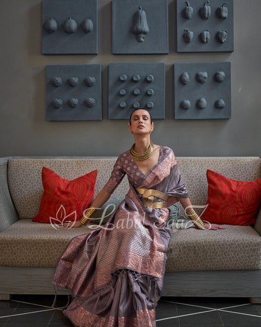Grey Classic Handwoven Tussar Banarasi Saree with Copper Zari