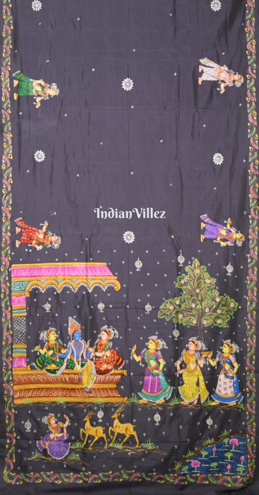 Grey Krishna Raas Leela Hand-Painted Pattachitra Saree