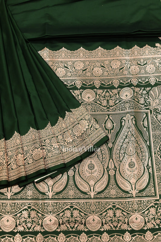 Bottle Green Soft Pure Mashru Satin Silk Banarasi Saree 
