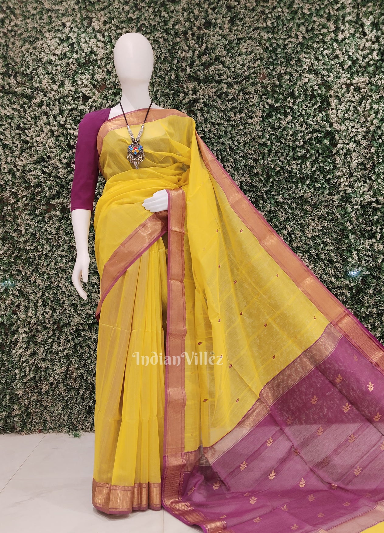 Yellow Rani Pink Leaf Motif Pure Silk Cotton Maheswari Saree