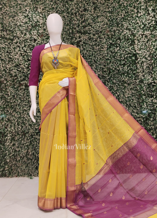 Yellow Rani Pink Leaf Motif Pure Silk Cotton Maheswari Saree