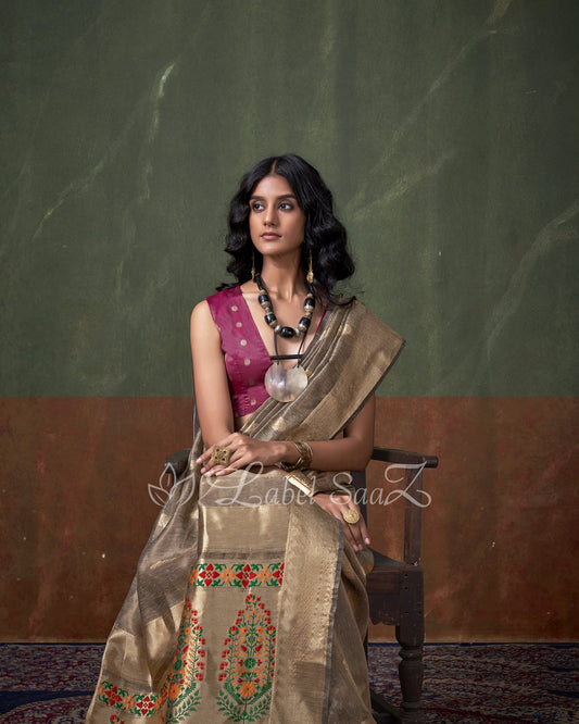 Light Gray Paithani Zari Tissue Silk Saree 