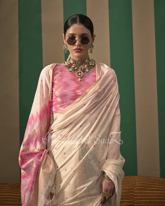 White Pink Spun Handloom Weaving Silk Saree