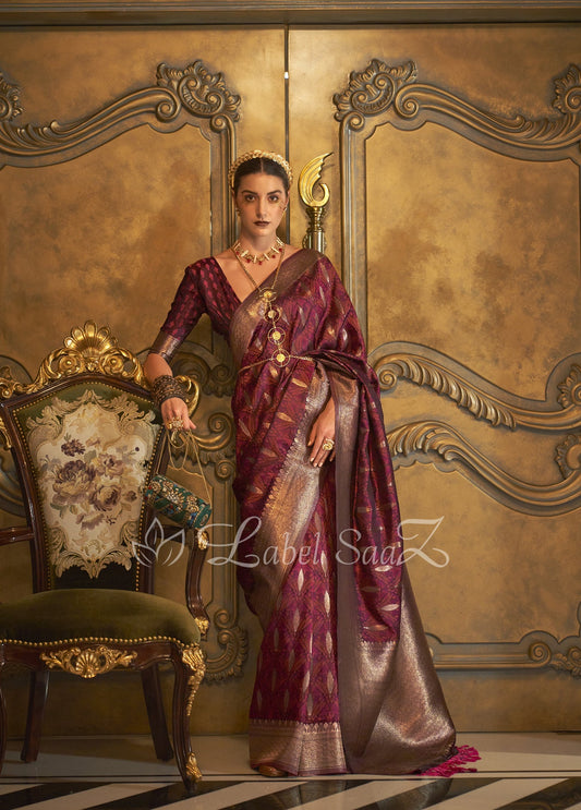 Maroon Zari Handwoven Banarasi Satin Silk Saree
