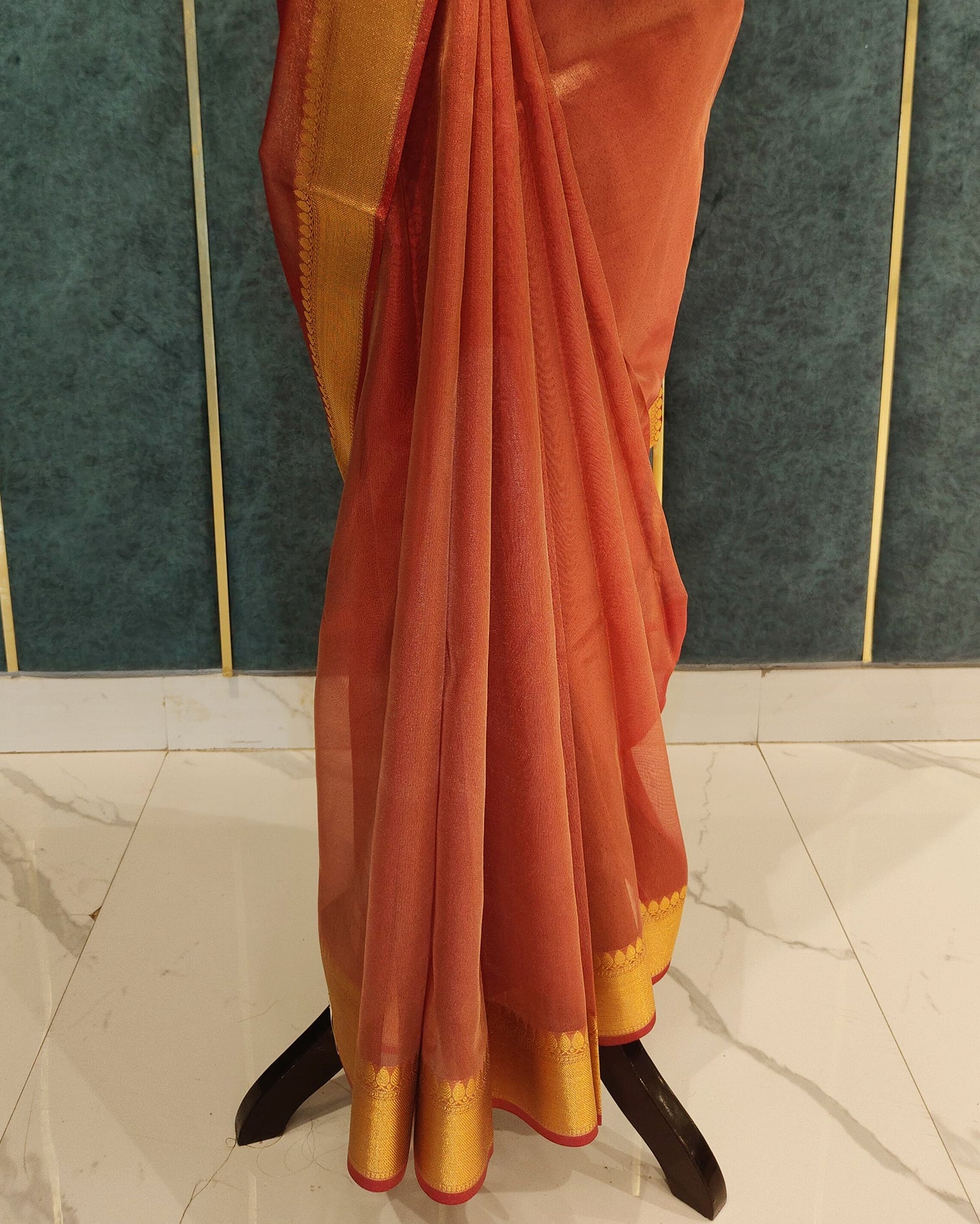 Reddish Orange Tissue Banarasi Saree