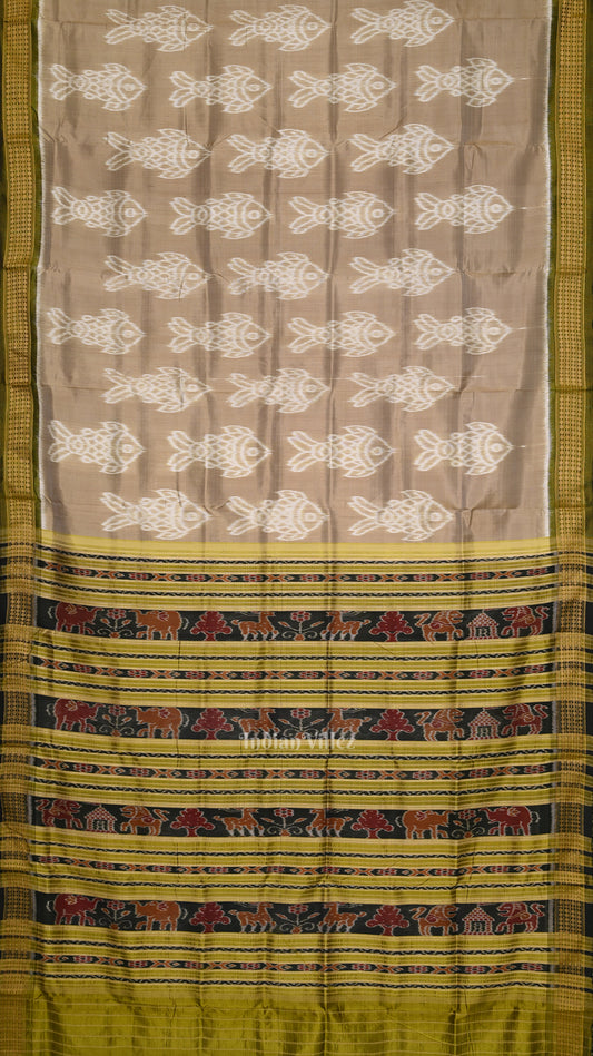 Pastel Green Fish Theme Odisha Handloom Khandua Silk Saree with Jungle Aanchal