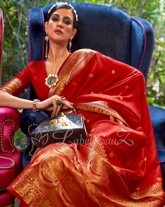 Red Pure Handloom Katan Banarasi Saree 