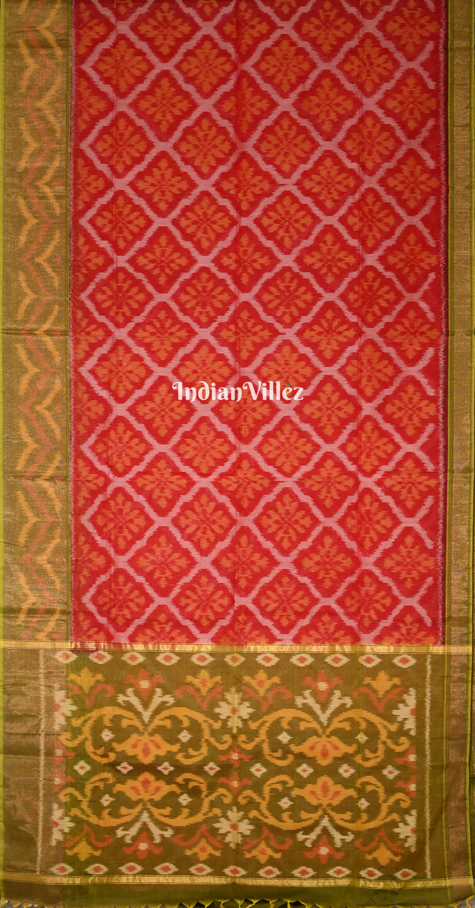 Brick Red Olive Green Pochampally Ikat Silk Cotton (Sico) Saree 
