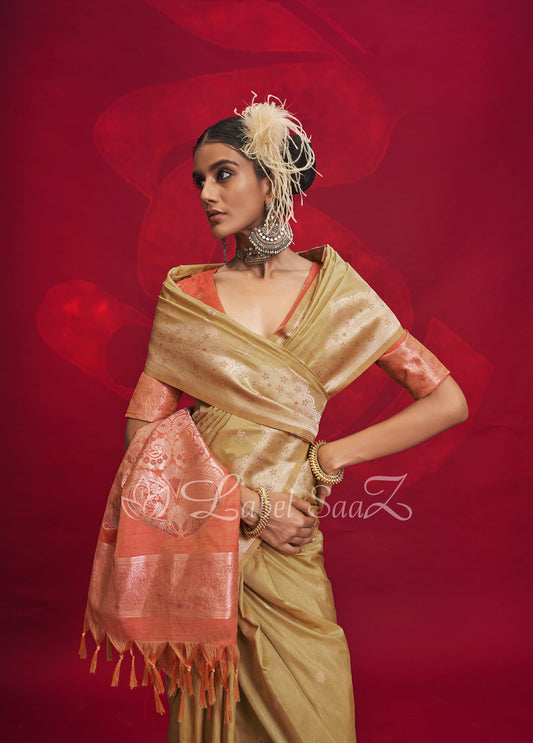 Yellow Tussar Silk Handloom Weaving Silk Saree