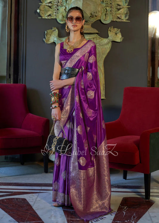 Magenta Pure Handwoven Satin Silk Banarasi Saree