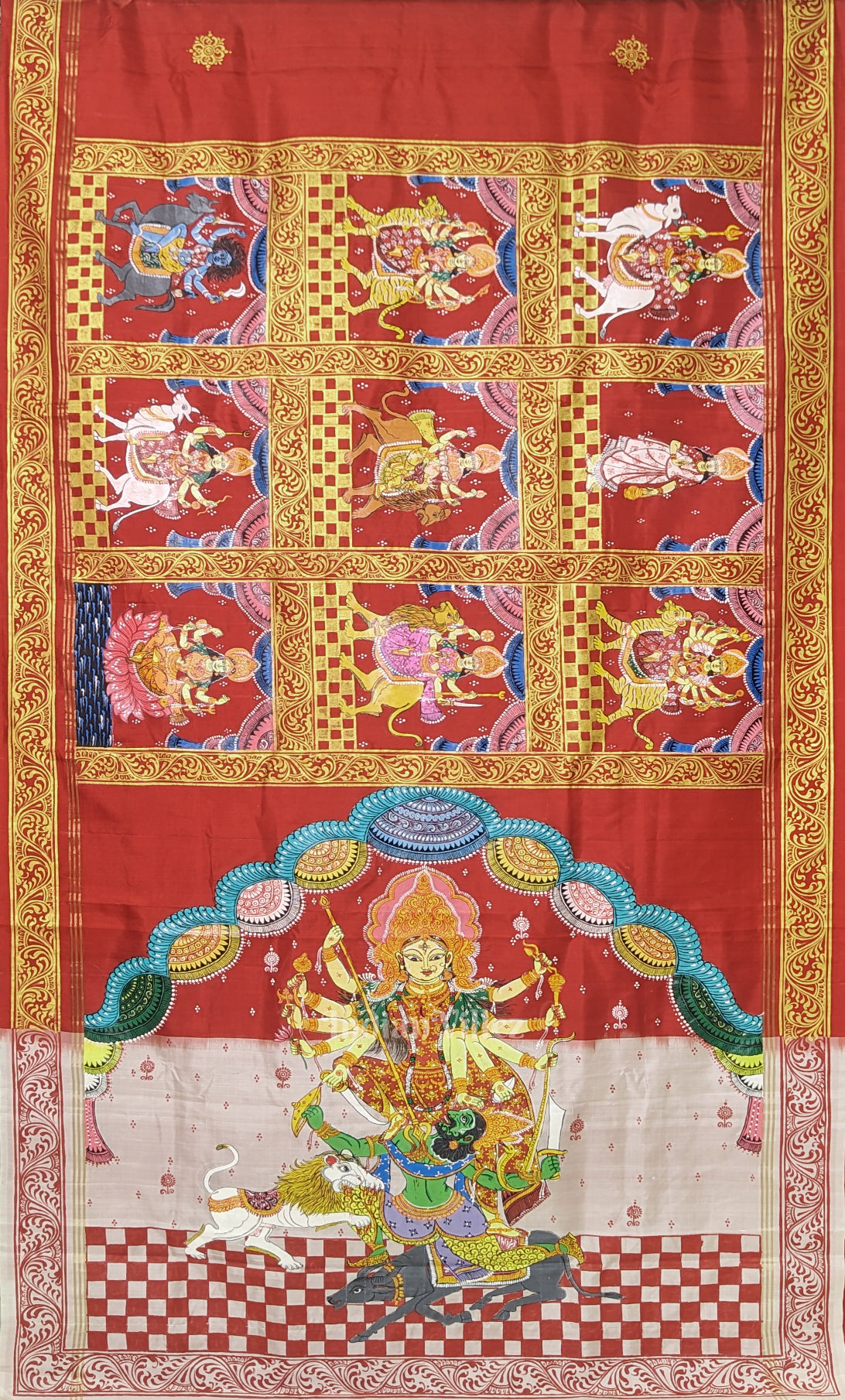 Red White Navaratri Durga Puja Theme Hand-Painted Pattachitra Saree 