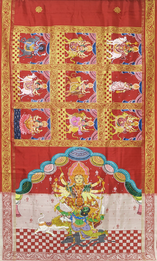 Red White Navaratri Durga Puja Theme Hand-Painted Pattachitra Saree 