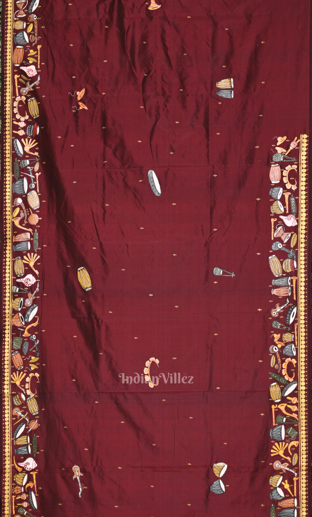 Maroon Sitar Instrument with Tabla Pattachitra Silk Saree 