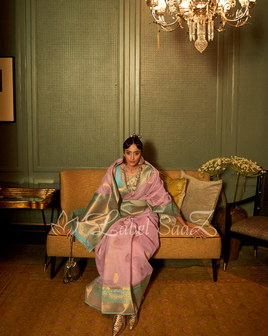 Lemon Pink Linen Handloom with Copper Zari Weaving