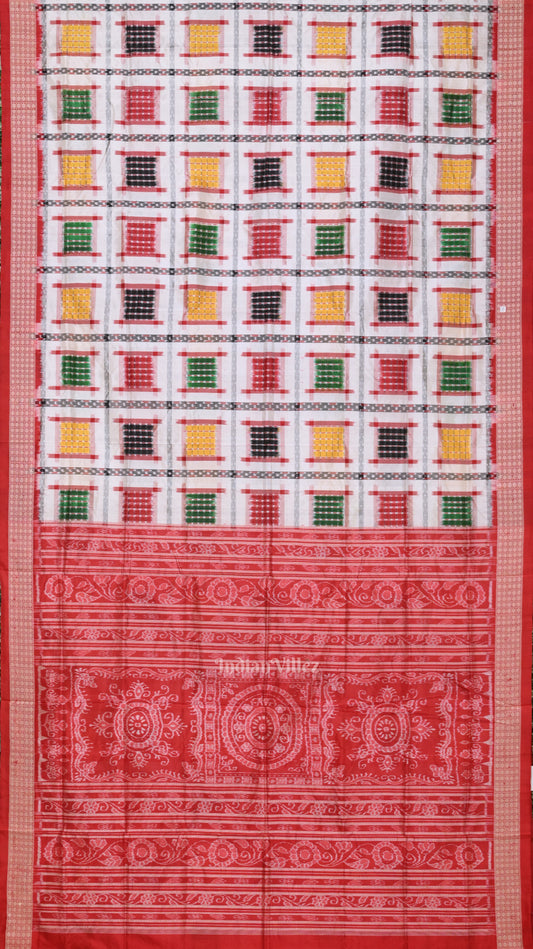 White with Multicolor Ashwini Odisha Ikat Sambalpuri Silk Saree