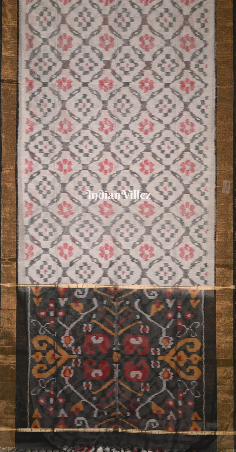 Off White Black Pochampally Ikat Silk Cotton (Sico) Saree 