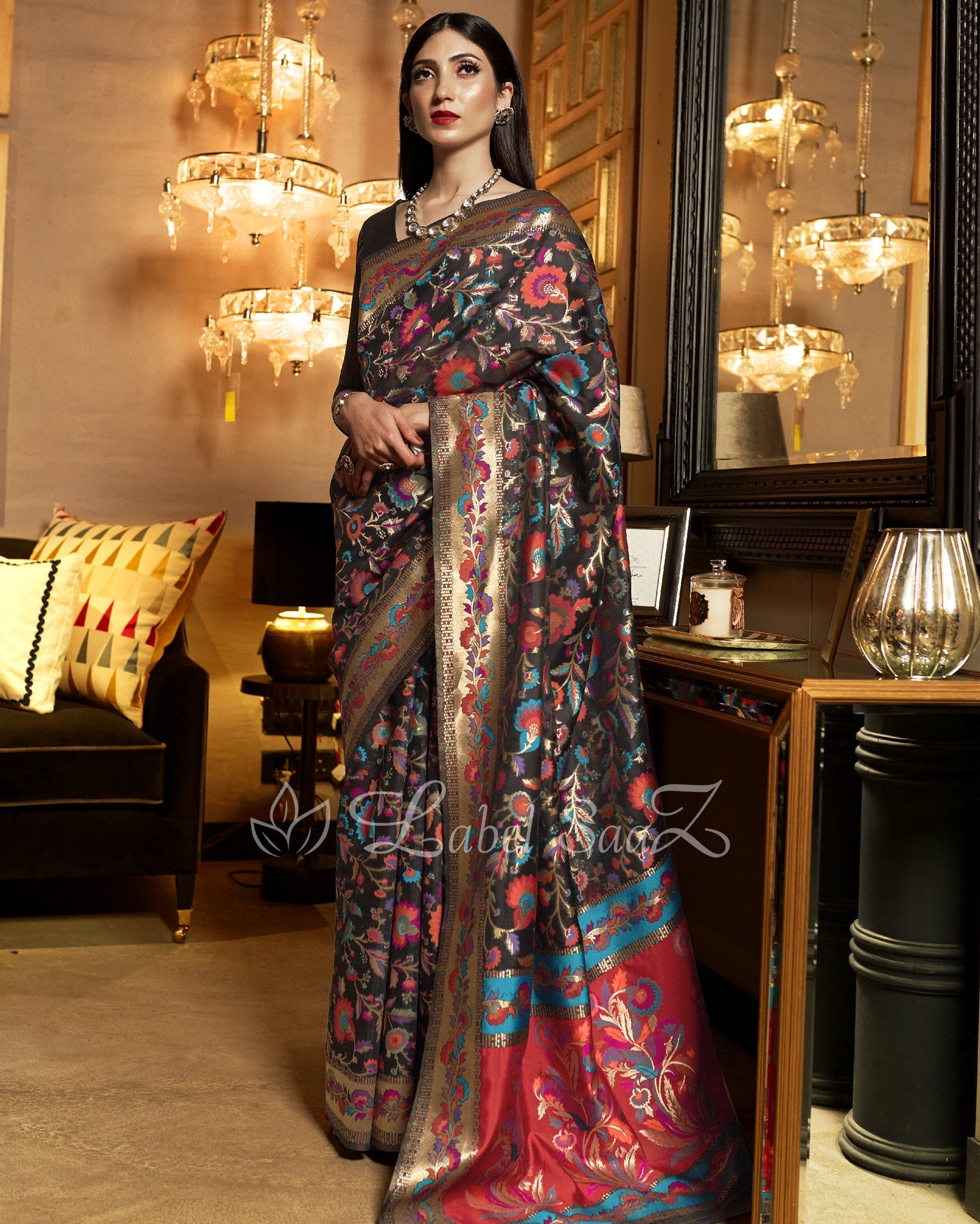 Black Golden Kashmiri Modal Handloom Weaving Banarasi Silk Saree