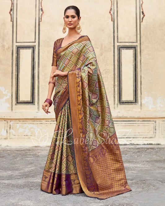 Green Printed Multi Color Pure Brocade Tissue Kanjivaram Saree