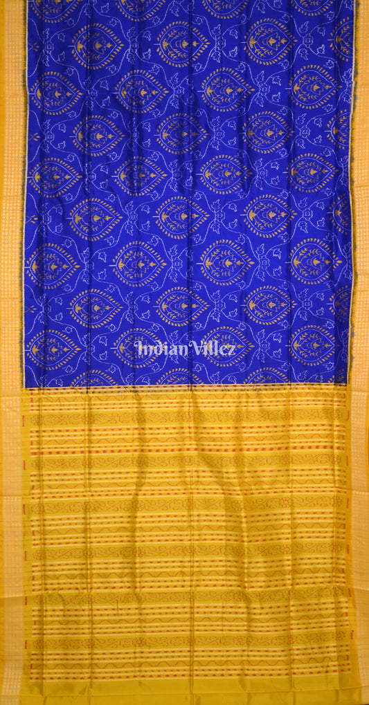 Blue Mustard Yellow Leaf Design Odisha Ikat Sambalpuri Silk Saree 