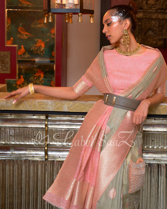Grey Pure Multicoloured Linen Banarasi Saree