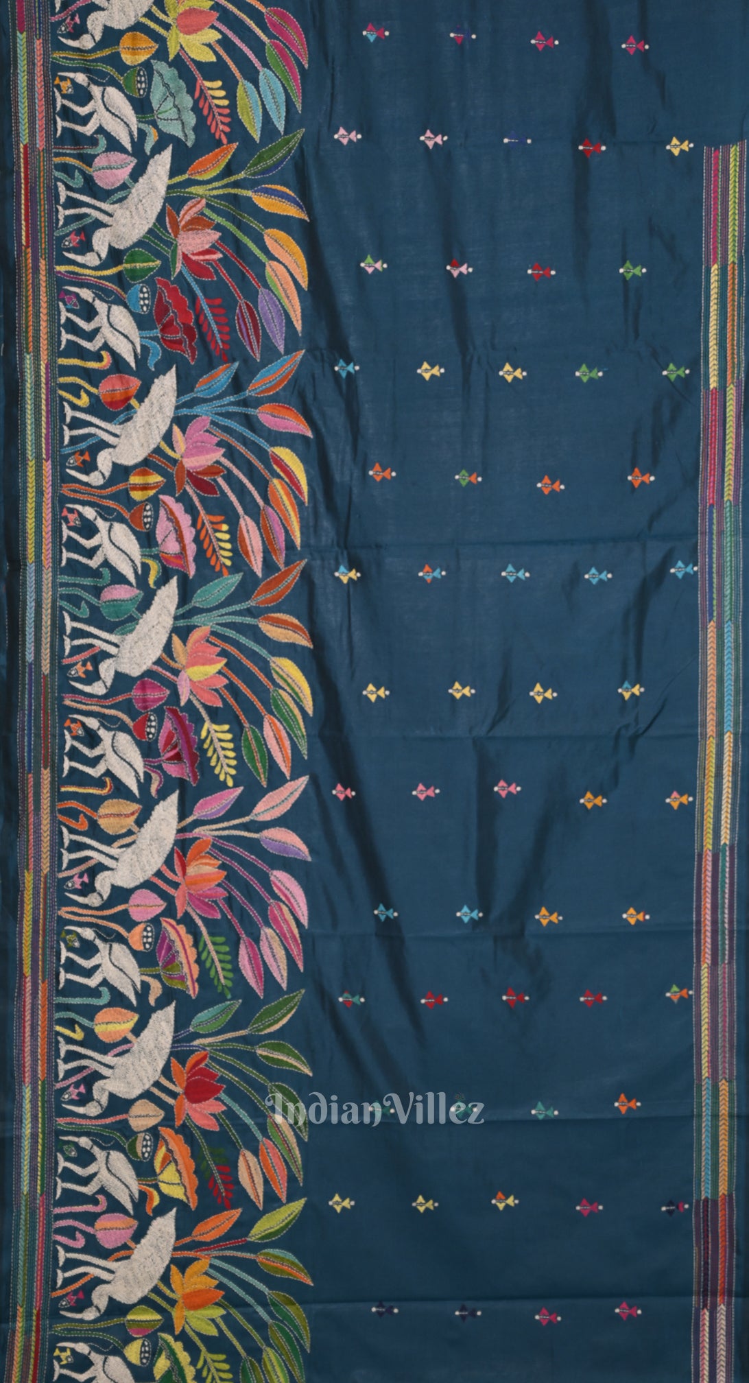 Indigo Blue Handwoven Kantha Stitch Silk Saree 