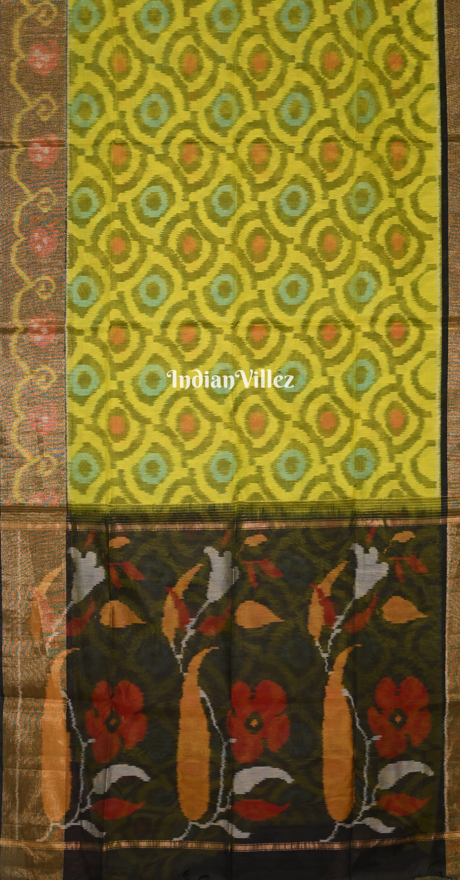 Olive Green with Multicolor Floral Border Pochampally Ikat Silk Cotton (Sico) Saree 