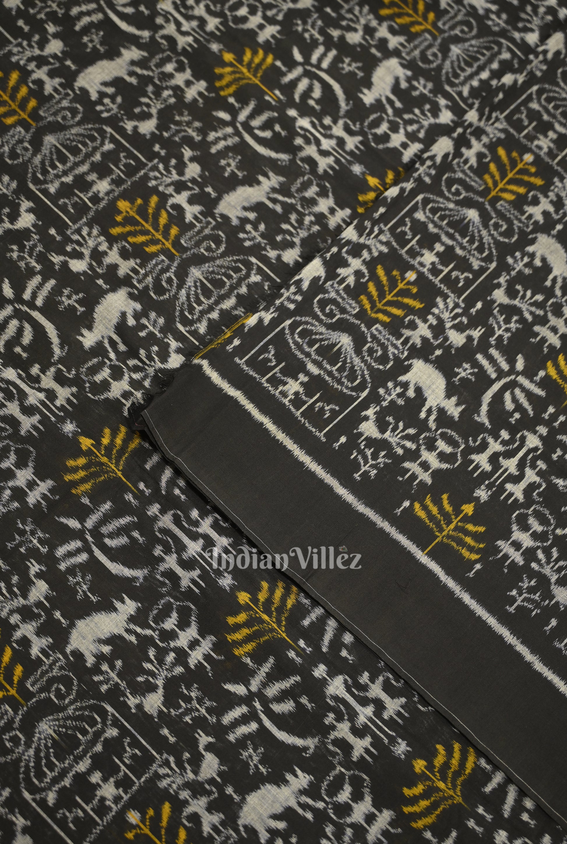 Black Tribal Theme Sambalpuri Ikat Cotton Fabric 