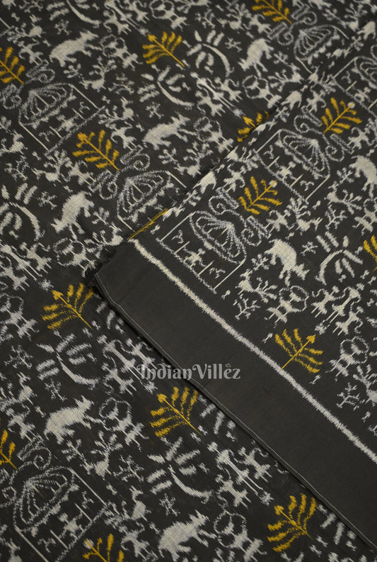 Black Tribal Theme Sambalpuri Ikat Cotton Fabric 