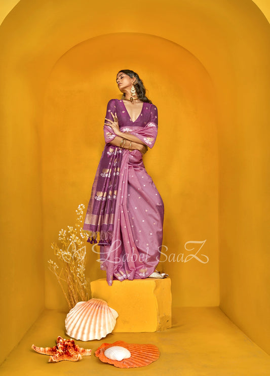 Peach Pink Lotus Handloom Weaving Silk Saree 