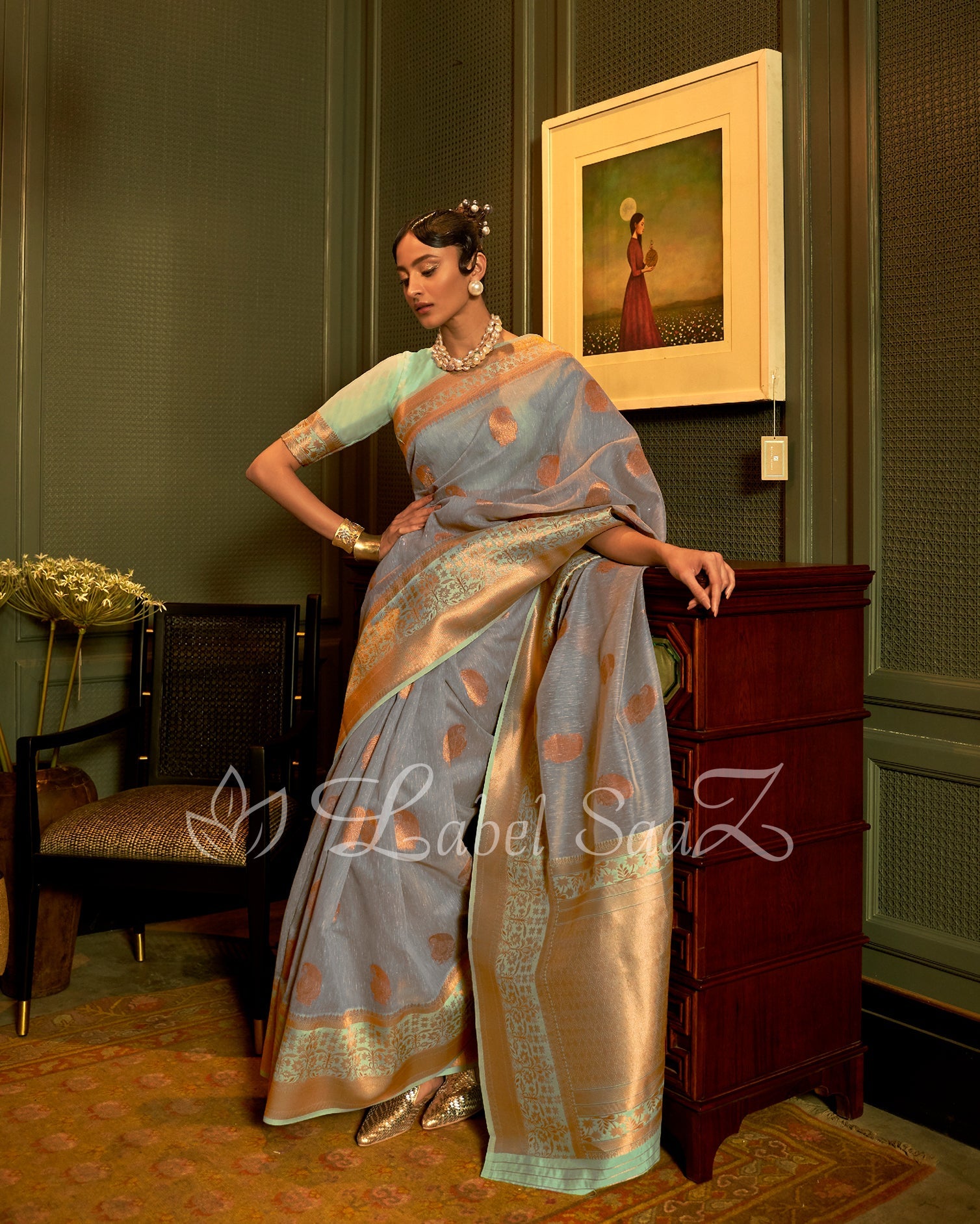 Greyish Blue Green Linen Handloom with Copper Zari Weaving 