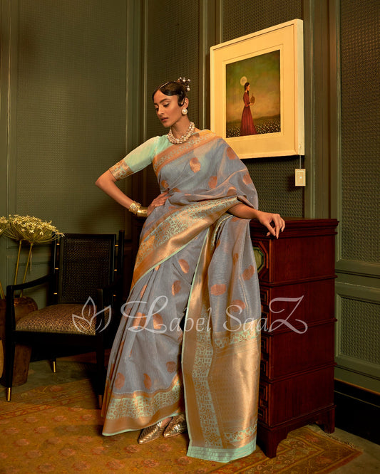 Greyish Blue Green Linen Handloom with Copper Zari Weaving 