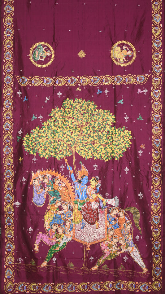Magenta Pink Kandarpa Ashwa  Hand-Painted Pattachitra Saree 