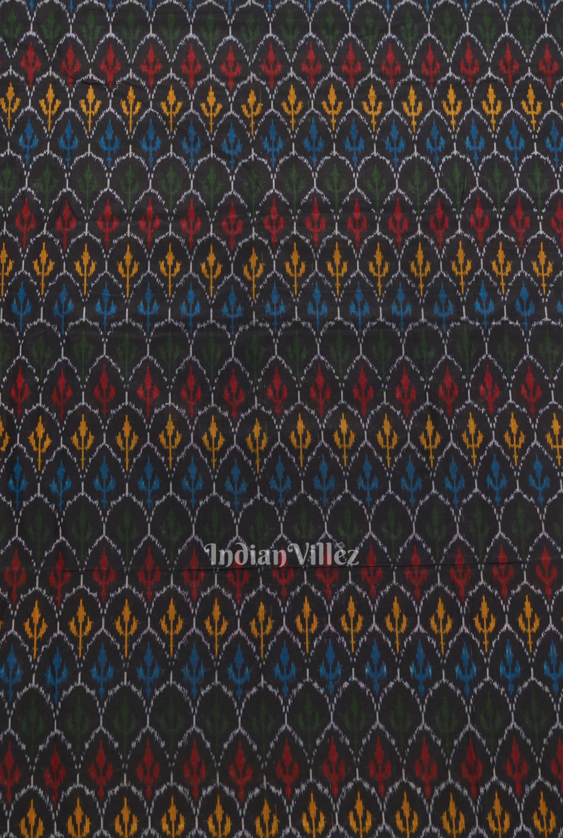 Black Tribal Motif Pochampally Ikat Silk & Cotton (Sico) Fabric
