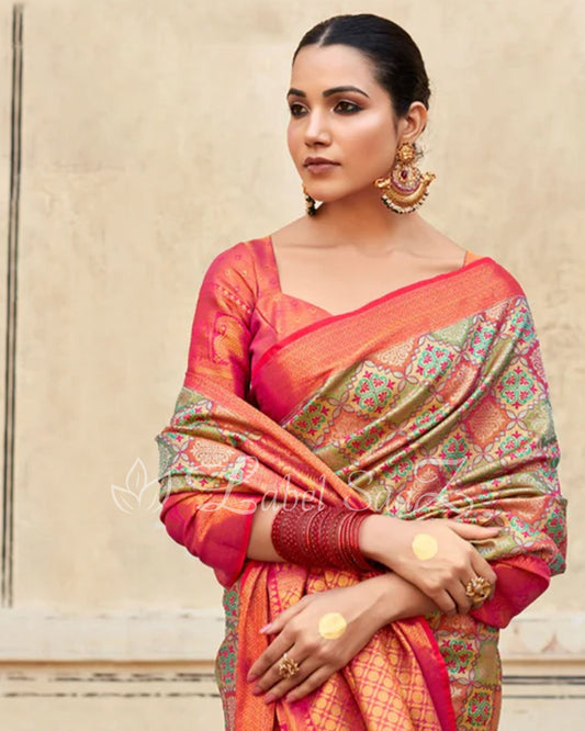 Coral Multi Color Pure Brocade Tissue Kanjivaram Saree
