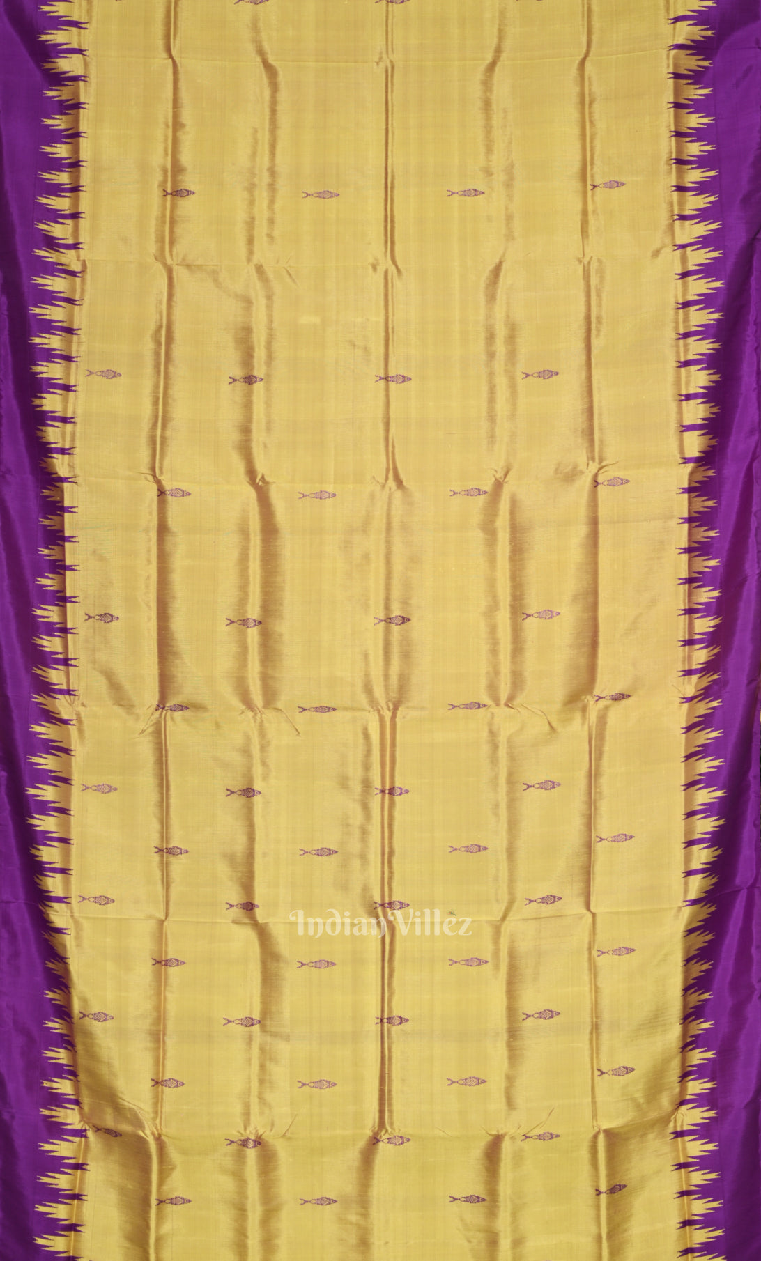 Yellow Purple Fish Motif Double Pallu Berhampuri Silk Saree
