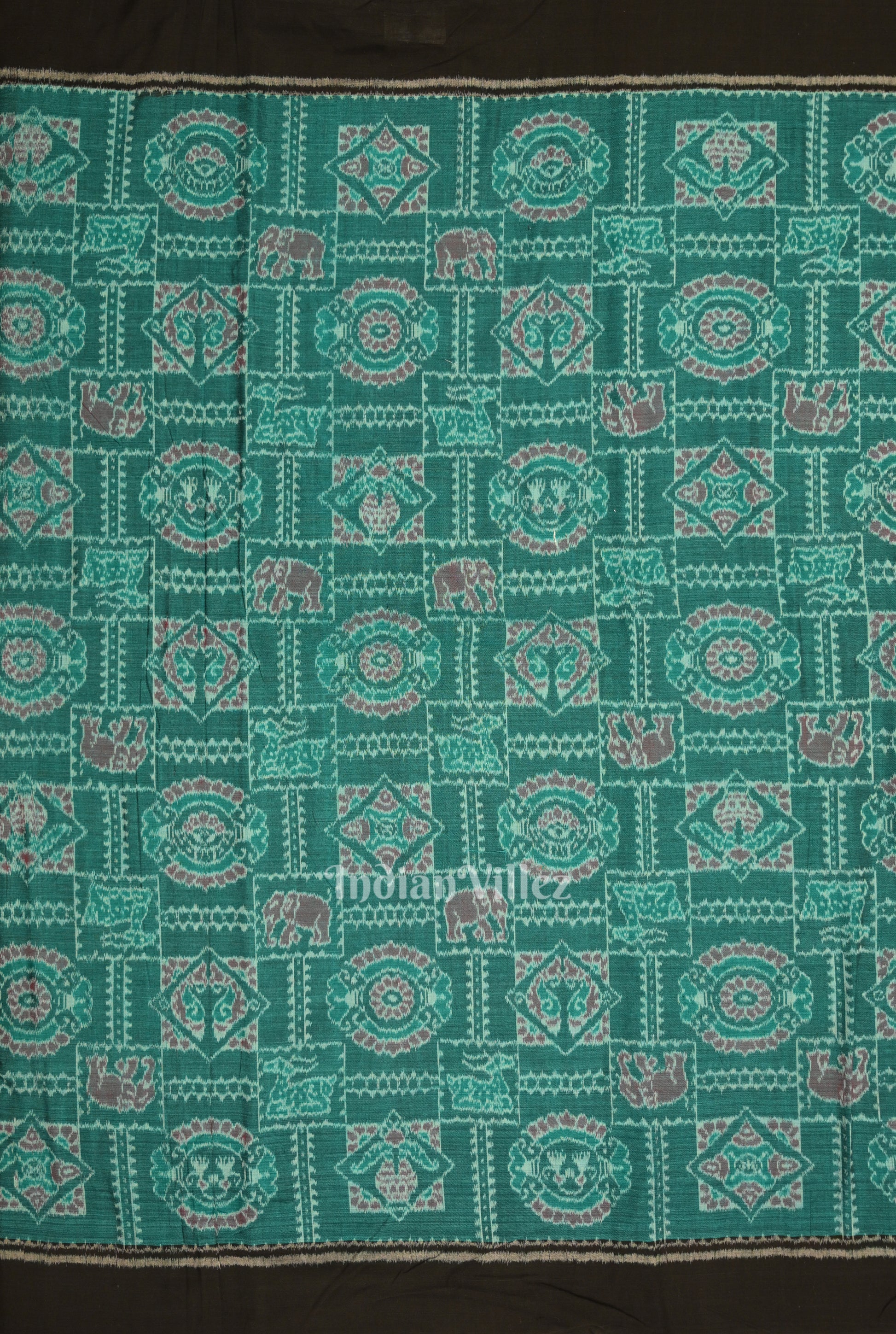 Green Elephant Theme Sambalpuri Odisha Ikat Cotton Fabric 