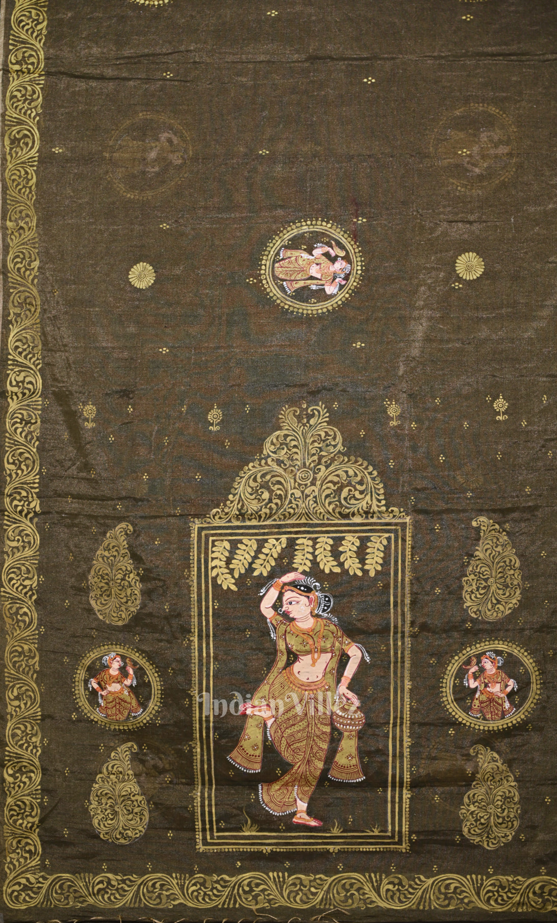 Grey Golden Shringar Ras Hand- Painted Pattachitra Saree