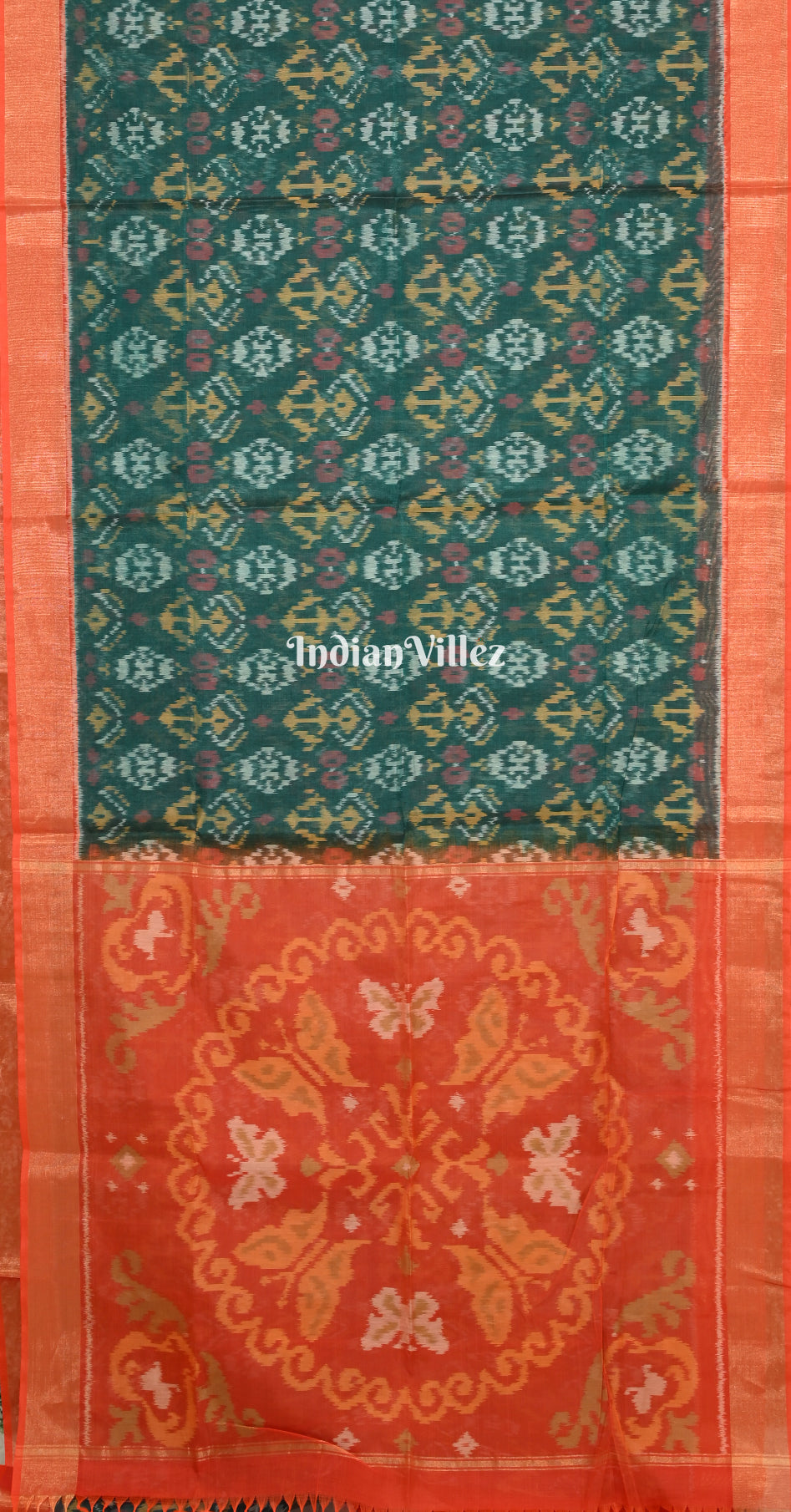 Sea Green Red Pochampally Ikat Silk Cotton (Sico) Saree 